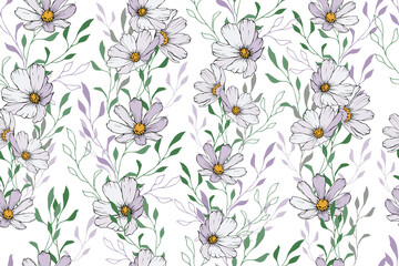 Vector seamless pattern with cosmos flower. White flowers, green and light purple leaves on white background. For textile, wallpapers, print, greeting.