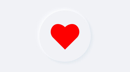 Bright white gradient buttons with red heart shape. Internet symbol like on a background. Neumorphic effect icon. Shaped love figure in trendy soft 3D style. Circle ellipse