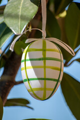 Easter eggs hanging from a cherry laurel branch