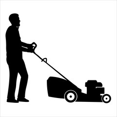 Silhouette of a handyman with a lawn mower. The gardener cares for the garden. Flat vector illustration on a white background.