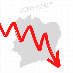 Ivory Coast map with falling arrow. Financial stagnation, recession, crisis, business crash, stock markets down, economic collapse. Downward trend concept illustration on white background 
