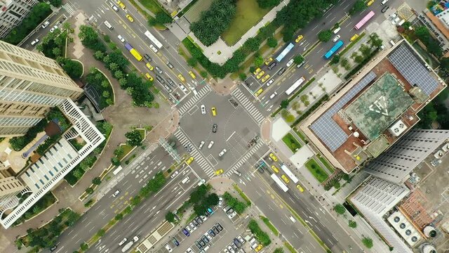 Aerial top view 4k footage by drone of Buildings in Taipei city, Taiwan.