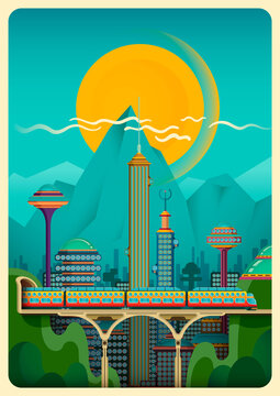 Modern daily city scene with the train, buildings and mountain. Vector illustration.