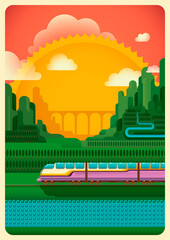 Train passing through the nature. Vector illustration.