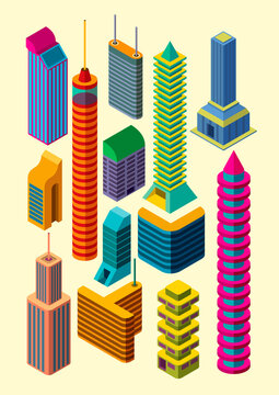 Set of isometric buildings. Vector illustration.
