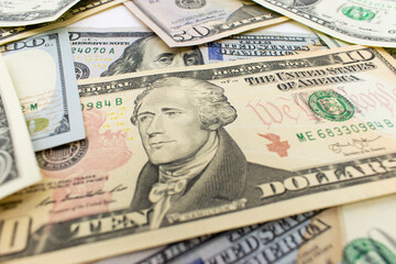 Dolar.  American money background texture bills of 10 american dollars. ten dollar bill on dollar money background.