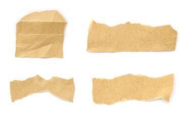 Recycled paper craft stick on a white background. Brown paper torn or ripped pieces of paper isolated on white background.	