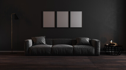 Three blank poster frames mock up in luxury dark living room interior with gray sofa, modern interior background, 3d illustration