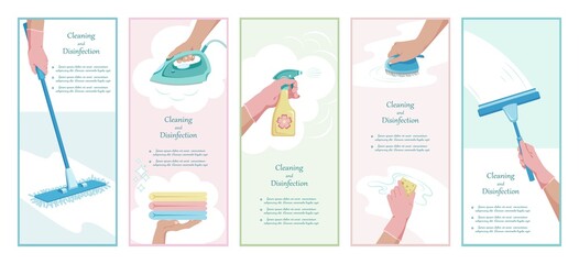 Cleaning. Set vertical banners. Housekeeping, disinfection and cleaning service.  Window washing, clothes washing, floor cleaning and Ironing.  Hands holding cleaning tools. Vector illustration