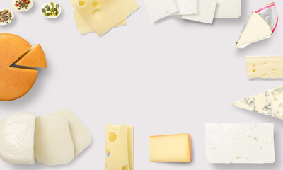 Cheese scene with mozzarella and swiss cheese on a white background