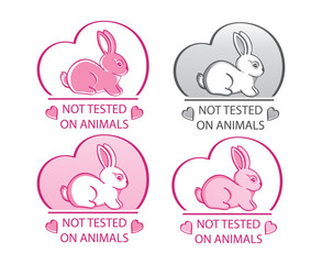 Not tested on animals icon set. Hand drawn rabbit sign in heart shape. Concept cruelty free, natural cosmetic products, love and protect animal rights. Badge design for pharmaceutical products. Vector