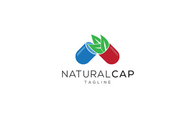 Capsule pharmacy medical logo template vector. Logo with nature or leaf with blue and green color. This logo is suitable for health business, doctor, hospital, cross symbol.