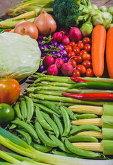 Backgroud of fresh food tasty and healthy varis vegetables are on the wooden table