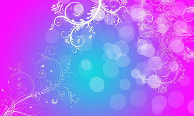 edler Hintergrund lila pink blau türkis, Pastell sonniges Leuchten Licht Sonnenschein, Blätter Ranken floral am Rand Bokeh Glitzer luxuriös zeitloses Design oder einfach nur elegant Layout Vorlage