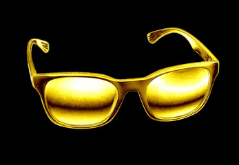 Golden sunglasses isolated on black background