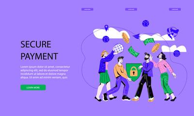 Landing page or web site template for Secure online payments and safe money transfer. Digital marketing and internet security, confidential database access. Flat vector illustration.