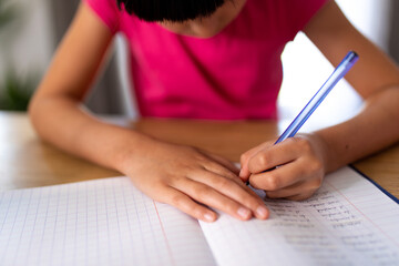 girl working studiously at home, writing with her left hand on a homework notebook