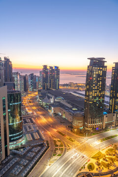 Photoshop color grade Panoramic Cityscape of West bay Area. Marriott Marques Hotel Doha