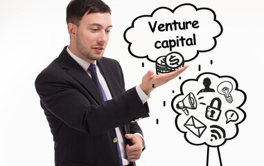 Business, technology, internet and network concept. Young businessman thinks over the steps for successful growth: Venture capital