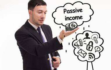 Business, technology, internet and network concept. Young businessman thinks over the steps for successful growth: Passive income