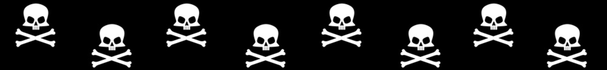 Long web seamless banner with skull and crossbones icon on black background. Vector illustration.
