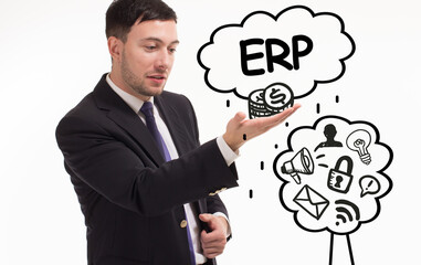 Business, technology, internet and network concept. Young businessman thinks over the steps for successful growth: ERP