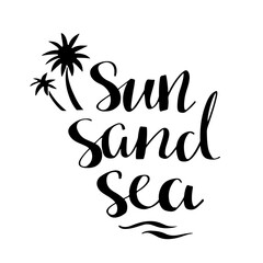 Obraz premium Sun, sand, sea logo. Palm trees, waves. Summer card. Black hand drawn isolated on white background. Handwritten font
