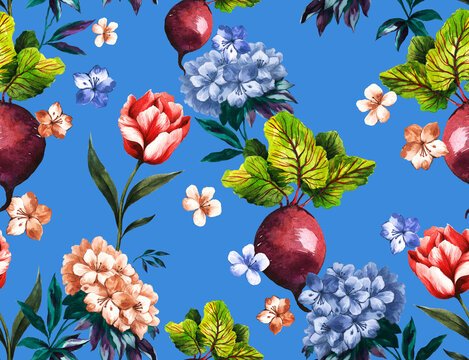 Watercolor fashion trendy floral pattern with tulips and vegetables - radish on blue background.