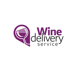 Wine, alcoholic drinks delivery service logotype design concept. Map pin tag and wine glass elements. Editable EPS vector