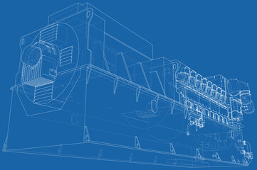 Diesel generator unit for factory. he layers of visible and invisible lines are separated. Wire-frame outline.