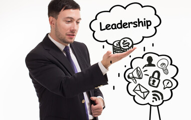 Business, technology, internet and network concept. Young businessman thinks over the steps for successful growth: Leadership