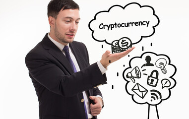 Business, technology, internet and network concept. Young businessman thinks over the steps for successful growth: Cryptocurrency