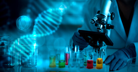 Researcher examining diagnose with micorscope in laboratory on abstract luminous DNA molecule...