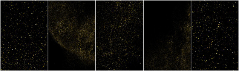 Set of Gold Glitter Texture Isolated on Black Background. Golden stardust. Amber Particles Color. Sparkles Rain. Vector Illustration, Eps 10.