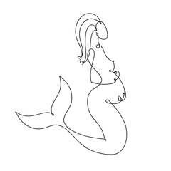 Pregnant mermaid. Pregnant mermaid fantasy woman vector silhouette one line drawing, vector illustration. The theme of motherhood. Pregnant mermaid funny doodle illustration