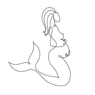 Pregnant mermaid. Pregnant mermaid fantasy woman vector silhouette one line drawing, vector illustration. The theme of motherhood. Pregnant mermaid funny doodle illustration