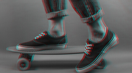 Youth hipster concept. Female legs in jeans and sneakers on cruiser board. Glitch effect