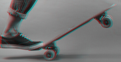 Youth hipster concept. Female legs in jeans and sneakers on cruiser board. Glitch effect