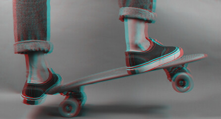 Youth hipster concept. Female legs in jeans and sneakers on cruiser board. Glitch effect
