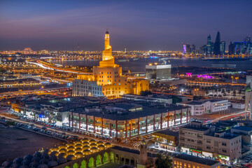 Ariel View of Doha City with Iconic Doha Fanar Mosque sunset time