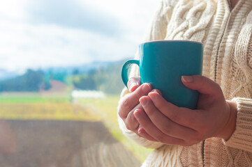 Woman's hands holding a mug, by the window