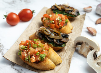 tomato and mushroom bruschetta on a table