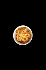 Stir fried bamboo shoots, pork and Riceberry Rice abd dried shredded pork with Cakes and coffee on a black background