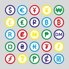 Vector set of glossy colorful currency symbols