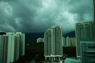 Tall buildings in Lantau island Hong Kong on a cloudy day.