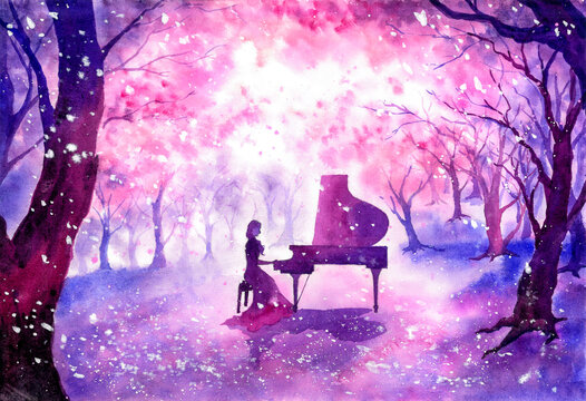 Watercolor Painting - Playing piano under blossom cherry tree
