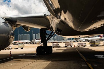 A large jet engine from ground level.