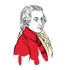 vector image Mozart, Wolfgang Amadeus vector illustration, black and white hand drawn sketch on white background 