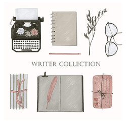 Writer collection. Writing icons, hand-drawn illustrations on white isolated background. Typewriter, notebook, pen, books - 359221126
