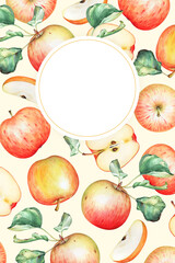 Fruit frame with watercolor red apples and leaves
